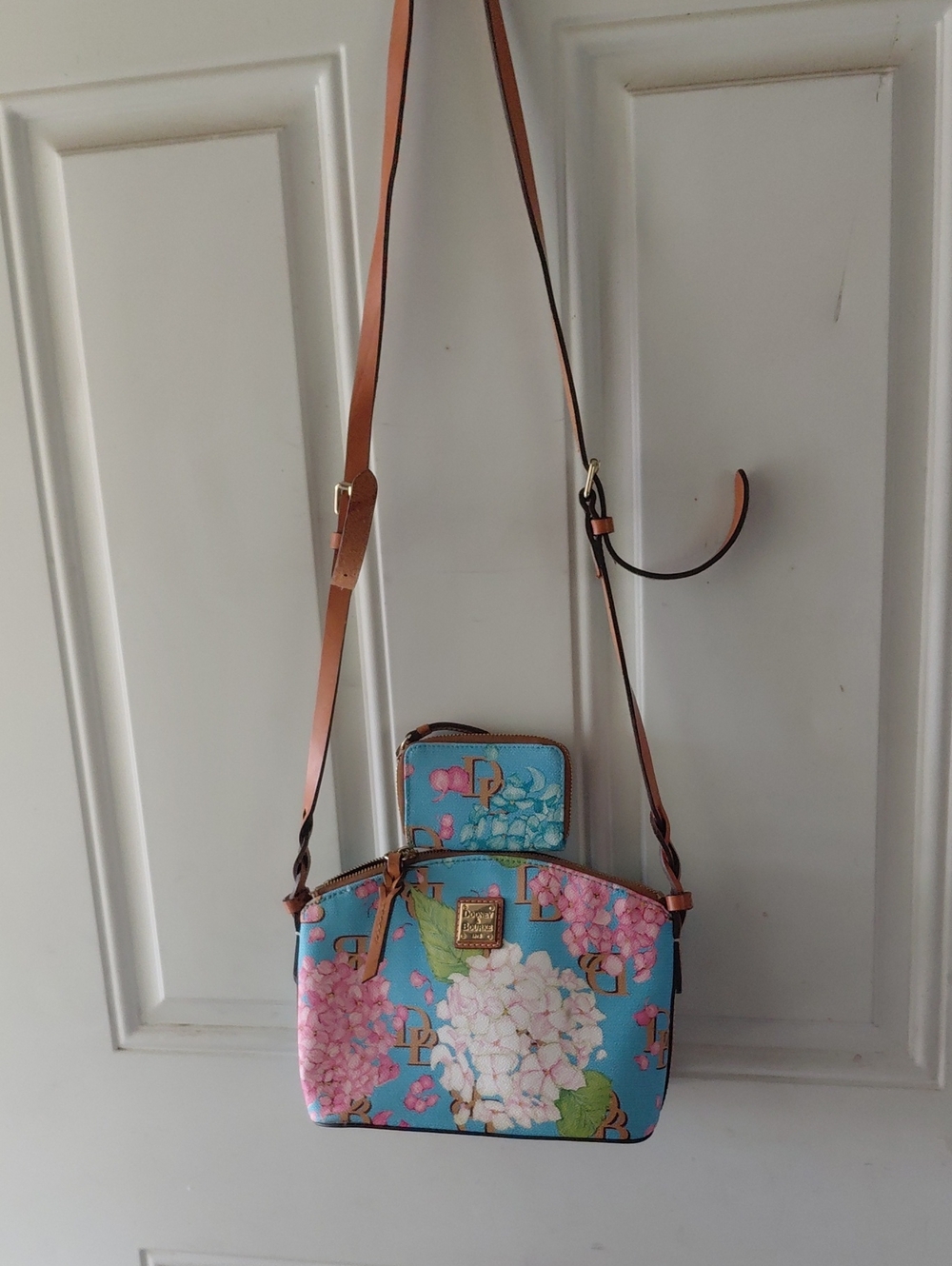 Dooney & Bourke Blue Floral Crossbody with Tan Strap And Matching Small Wallet